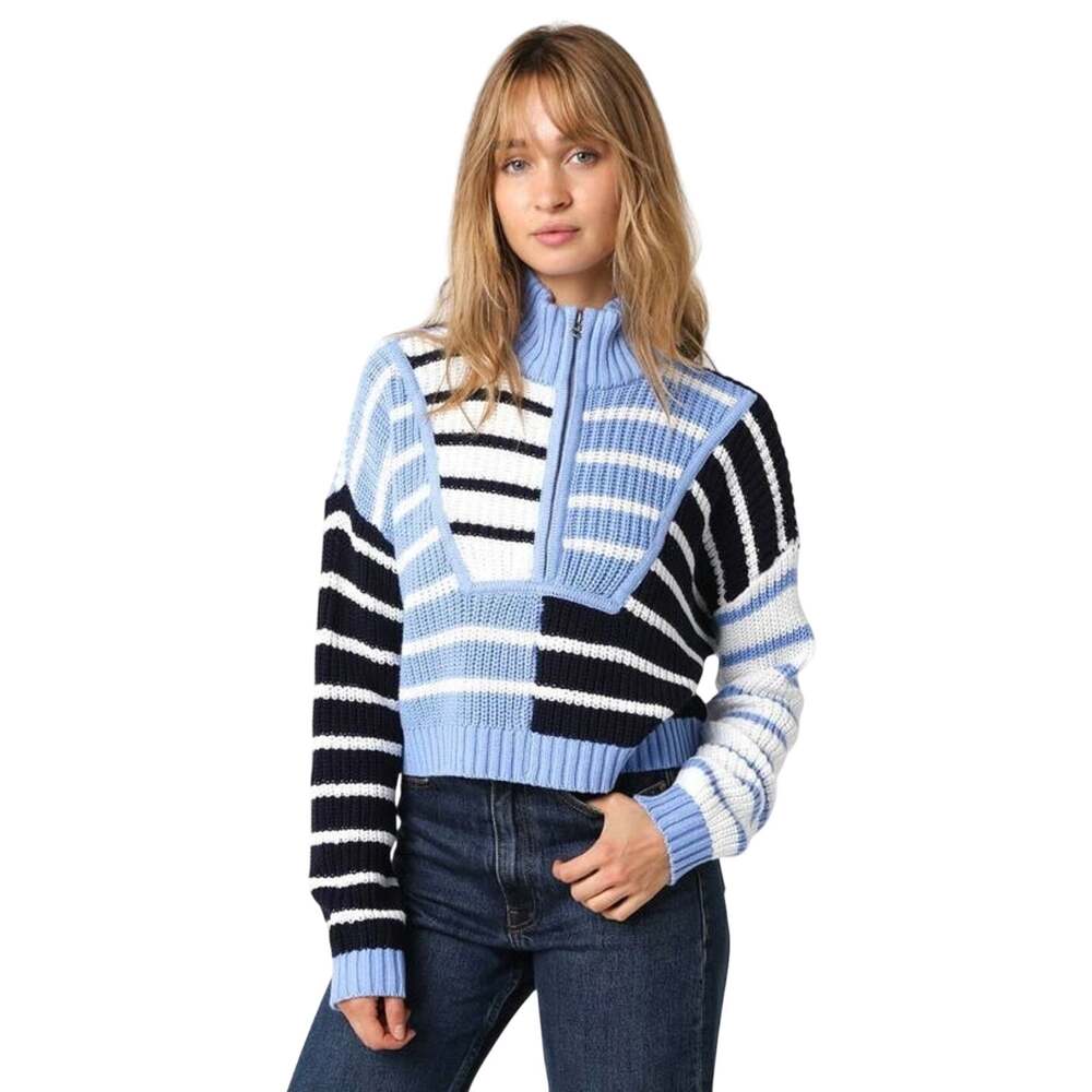 Esme sweater, blue striped chunky knit, quarter zip, cropped, cotton blend, M